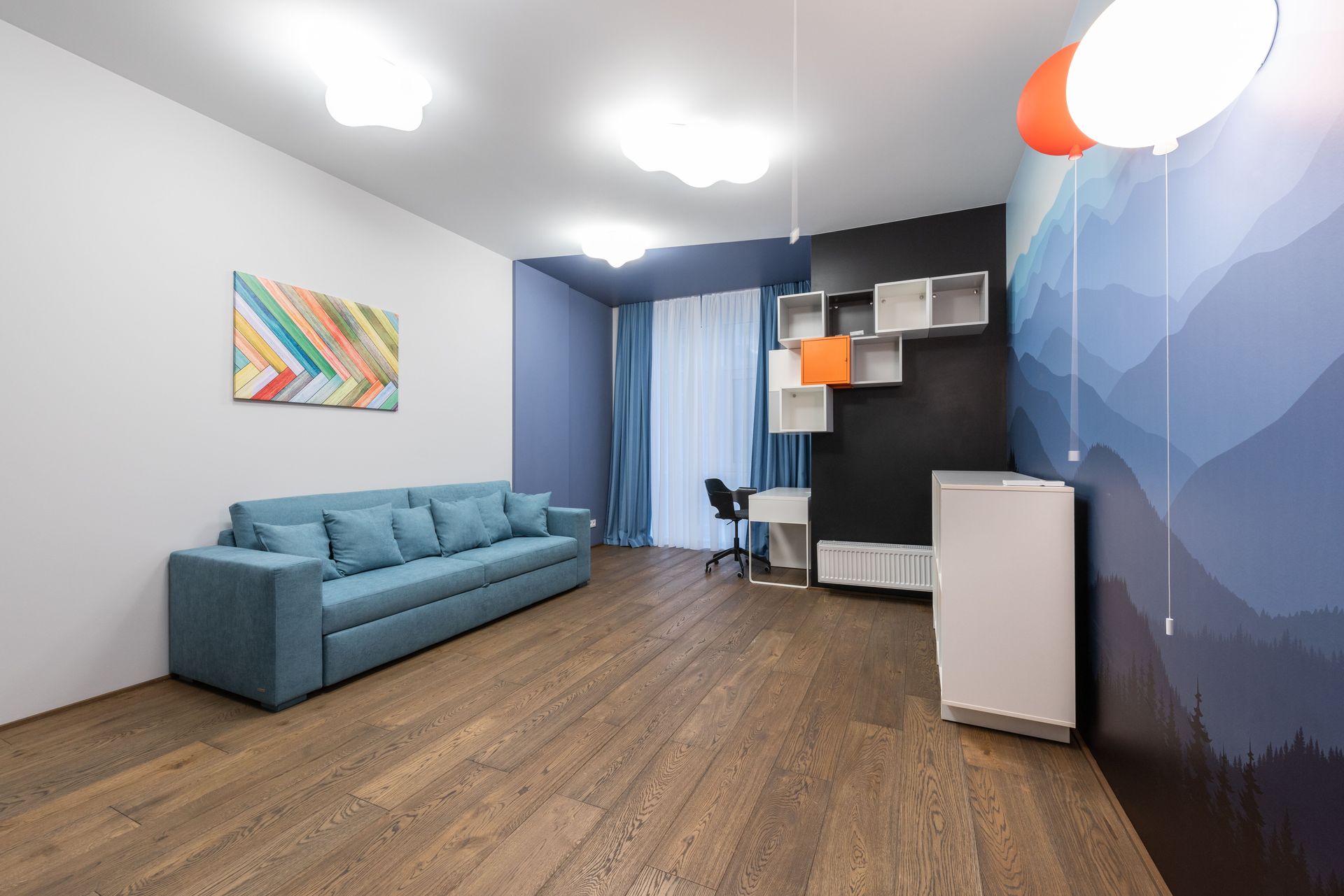 Contemporary large room with glowing bright lamps and square shaped shelves hanging on wall